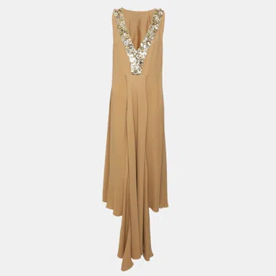 Pre-owned Chanel Beige Crepe And Sequin Embellishment Midi Dress S