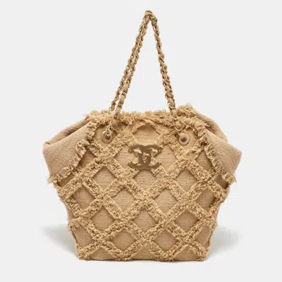 Pre-owned Chanel Beige Diamond Stitch Tweed Cc Nature Tote Bag