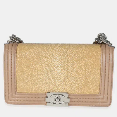 Pre-owned Chanel Beige Galuchat Stingray Lambskin Medium Boy Flap Shoulder Bag