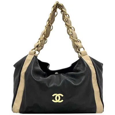 Pre-owned Chanel Beige Gold Black Leather Tote Bag () In Beige Gold, Black
