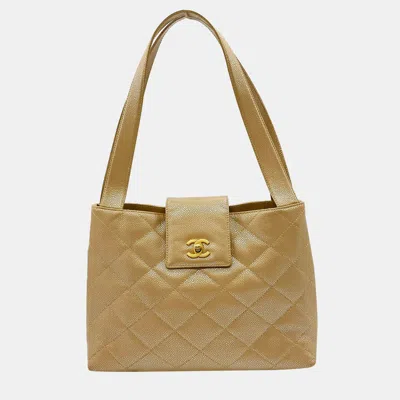 Pre-owned Chanel Handbag Caviar Skin Coco Mark Leather Beige Gold