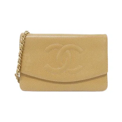 Pre-owned Chanel Beige Grained Calfskin Chain/shoulder Wallet () In Sand