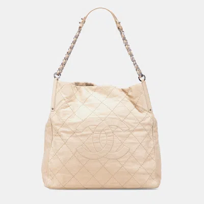 Pre-owned Chanel Beige Iridescent Calfskin Sea Hit Tote In Sand