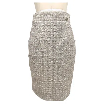 Pre-owned Chanel Beige Ivory Fantasy Tweed Pencil Skirt With Cc Button Details Fr 34 In White
