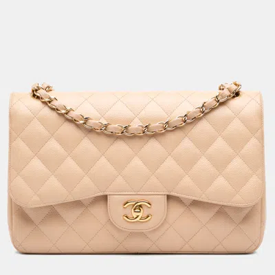 Pre-owned Chanel Beige Jumbo Classic Caviar Double Flap In Sand