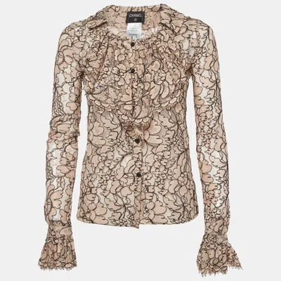 Pre-owned Chanel Beige Lace Ruffled Sheer Shirt S In Sand