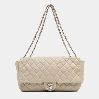 Pre-owned Chanel Beige Lambskin Jumbo Quilted Coco Rain Flap In Sand