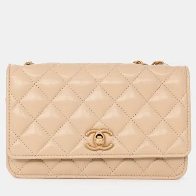 Pre-owned Chanel Beige Lambskin Leather All Slide Wallet On Chain In Sand