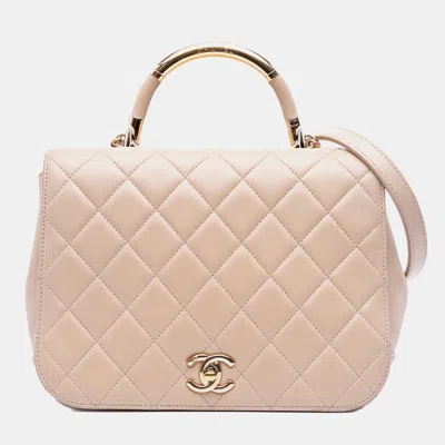 Pre-owned Chanel Beige Lambskin Medium Quilted Carry Chic Flap In Sand