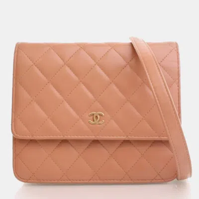 Pre-owned Chanel Beige Lambskin Square Wallet On Chain (woc) In Sand