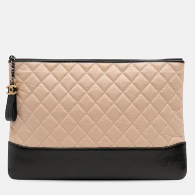 Pre-owned Chanel Beige Large Aged Calfskin Gabrielle O Case Clutch In Sand