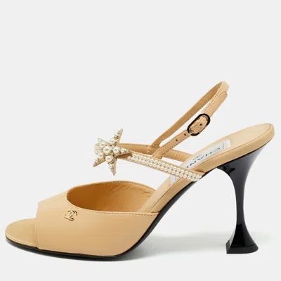 Pre-owned Chanel Beige Leather And Canvas Ankle Strap Sandals Size 37.5