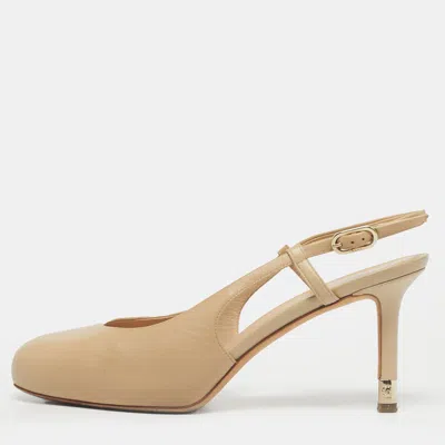Pre-owned Chanel Beige Leather Cc Cap Toe Slingback Platform Pumps Size 38 In Sand