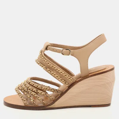 Pre-owned Chanel Beige Leather Chain Embellished Wedge Sandals Size 37