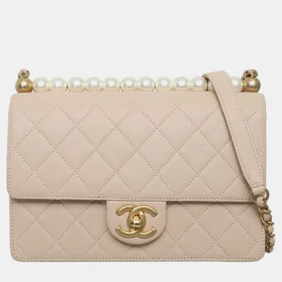 Pre-owned Chanel Beige Leather Chic Pearls Flap Bag In Sand