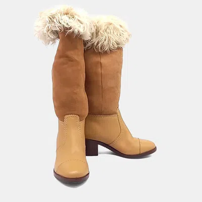 Pre-owned Chanel Beige Leather Fur Boots Eu 36.5 In Sand