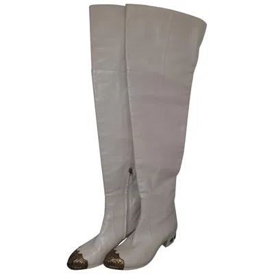 Pre-owned Chanel Beige Leather Paris Dallas Metal Cap Toe Thigh High Boots/bootie Sz. 40 In Brown