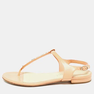 Pre-owned Chanel Beige Leather Thong Ankle Strap Flat Sandals Size 36
