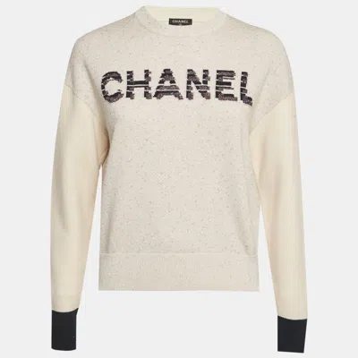 Pre-owned Chanel Beige Logo Intarsia Lurex Knit Sweatshirt S In Sand