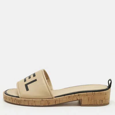 Pre-owned Chanel Beige Logo Leather Cork Slide Sandals Size 39.5