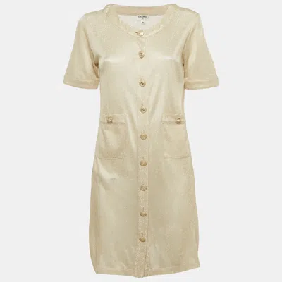 Pre-owned Chanel Beige Lurex Knit Button Detail Mini Dress M In Sand