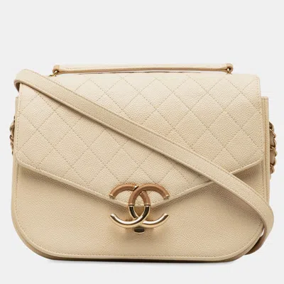 Pre-owned Chanel Beige Medium Caviar Paris Cuba Thread Around Flap In Sand