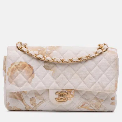 Pre-owned Chanel Beige Medium Classic Printed Denim Floral Double Flap In Sand