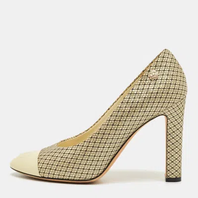 Pre-owned Chanel Beige Mesh And Patent Leather Cc Cap Toe Pumps Size 37.5 In Sand