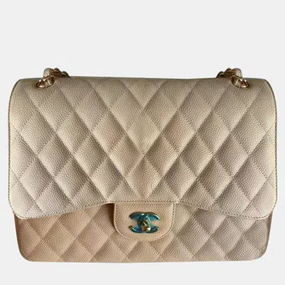 Pre-owned Chanel Beige Milk Tea Caviar Leather Jumbo Bag