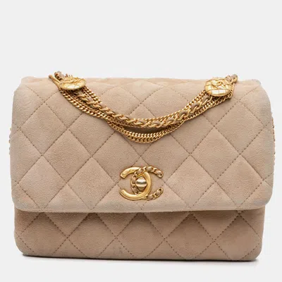 Pre-owned Chanel Beige Mini Quilted Velvet Precious Buttons Chain Flap