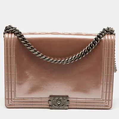 Pre-owned Chanel Beige Patent Leather Large Reverso Boy Flap Bag