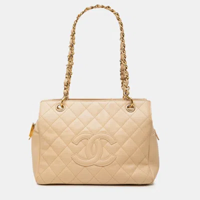 Pre-owned Chanel Beige Petite Caviar Timeless Tote In Sand