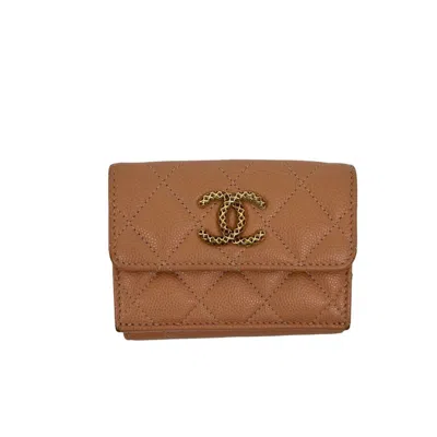Pre-owned Chanel Beige Pink Grained Calfskin Wallet (tri-fold) () In Multi