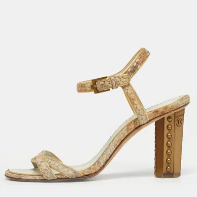 Pre-owned Chanel Beige Python Leather Ankle Strap Sandals Size 35.5