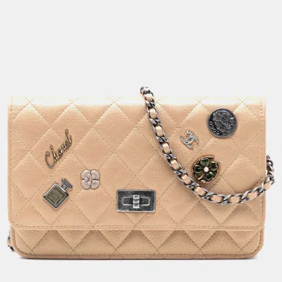 Pre-owned Chanel Beige Quilted Aged Calfskin Reissue 2.55 Lucky Charms Wallet On Chain In Sand