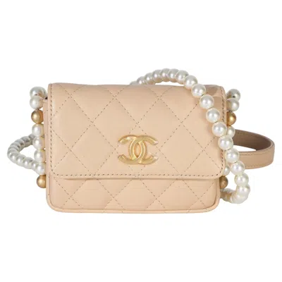 Pre-owned Chanel Beige Quilted Calfskin About Pearls Card Holder With Chain In Brown