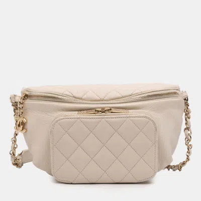 Pre-owned Chanel Beige Quilted Caviar Business Affinity Belt Bag In Sand