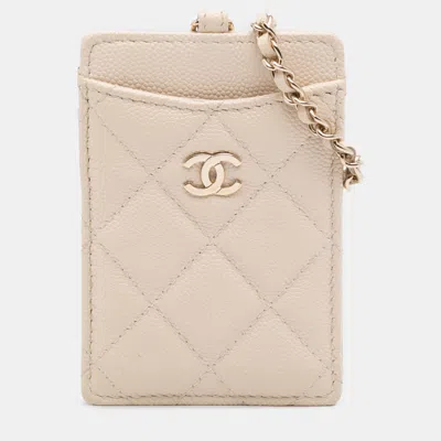 Pre-owned Chanel Beige Quilted Caviar Id Card Holder In Sand