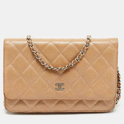 Pre-owned Chanel Beige Quilted Caviar Leather Cc Wallet On Chain In Sand