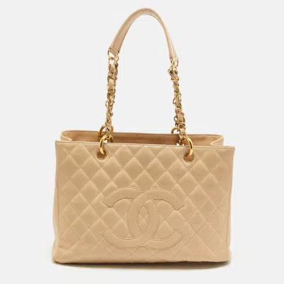 Pre-owned Chanel Beige Quilted Caviar Leather Gst Shopper Tote