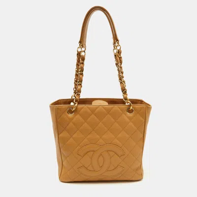 Pre-owned Chanel Beige Quilted Caviar Leather Petite Gst Shopper Tote In Sand