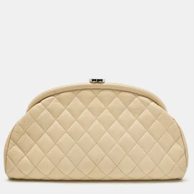 Pre-owned Chanel Beige Quilted Caviar Leather Timeless Clutch In Sand