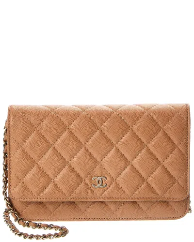 Pre-owned Chanel Beige Quilted Caviar Leather Wallet On Chain (authentic Pre-loved)