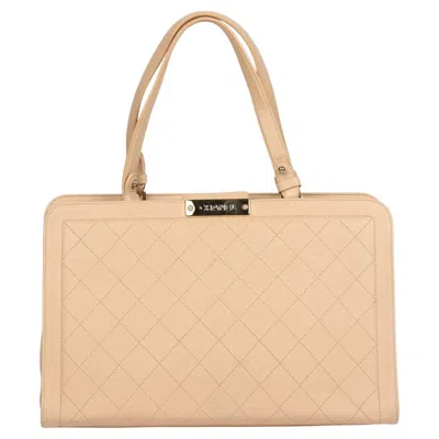 Pre-owned Chanel Beige Quilted Grained Calfskin Leather Large Label Click Tote In Brown