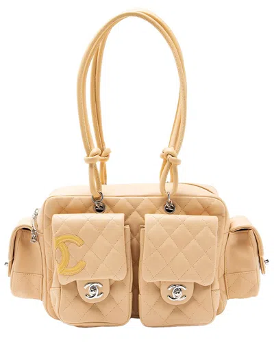 Pre-owned Chanel Beige Quilted Lambskin & Patent Leather Ligne Cambon Mini Reporter  Satchel (authentic Pre-lo
