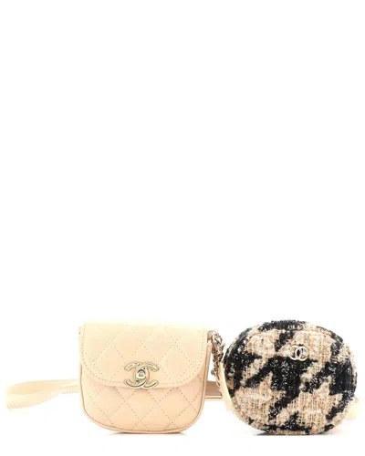 Pre-owned Chanel Beige Quilted Lambskin & Tweed Cc Waist Bag With Coin Purse (authentic  Pre-loved)