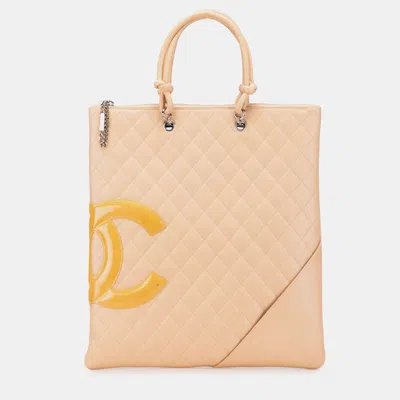 Pre-owned Chanel Beige Quilted Lambskin Cambon Ligne Flat Tote In Sand