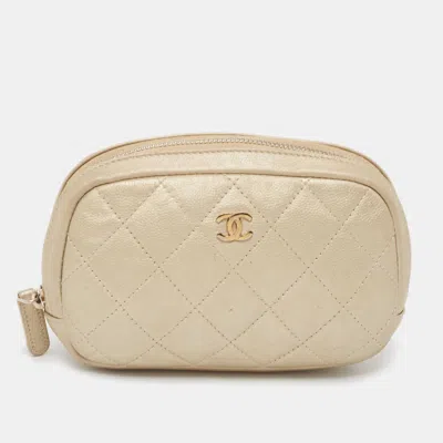 Pre-owned Chanel Beige Quilted Leather Cosmetic Pouch