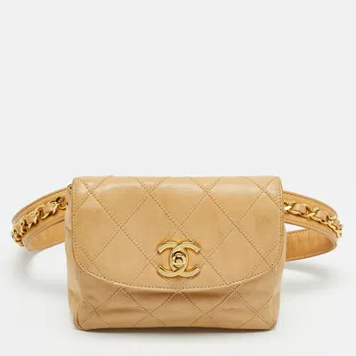 Pre-owned Chanel Beige Quilted Leather Vintage Cc Belt Bag In Sand