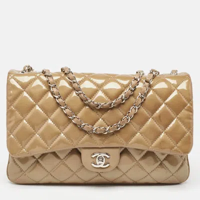 Pre-owned Chanel Beige Quilted Patent Leather 3 Classic Flap Bag